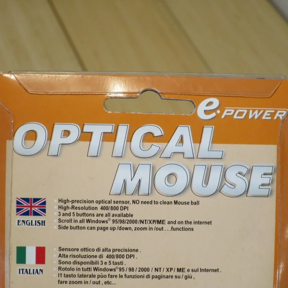 NOS‎ Vintage E-power PS2 Optical Mouse 800 DPI with Scroll Wheel - Silver & Red